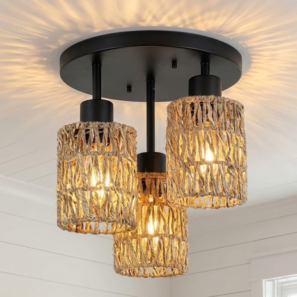 3 Light Rattan Ceiling Light view 2