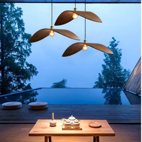 3 Light Wooden Leaf Pendant Light