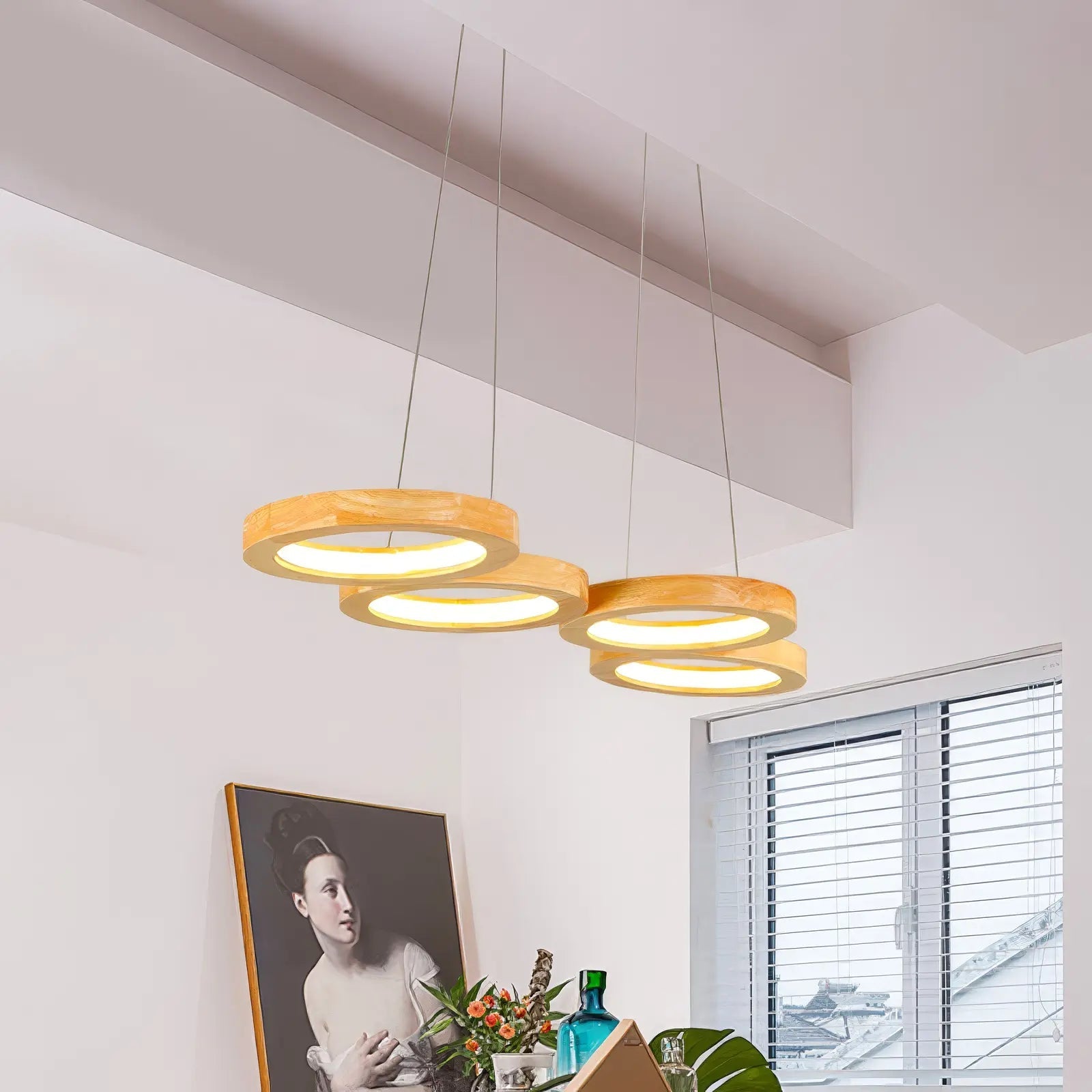 4 Ring Wooden LED Pendant Light view 3