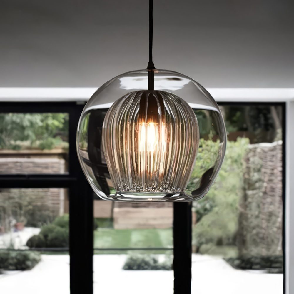 Amber Ribbed Glass Pendant Light view 3