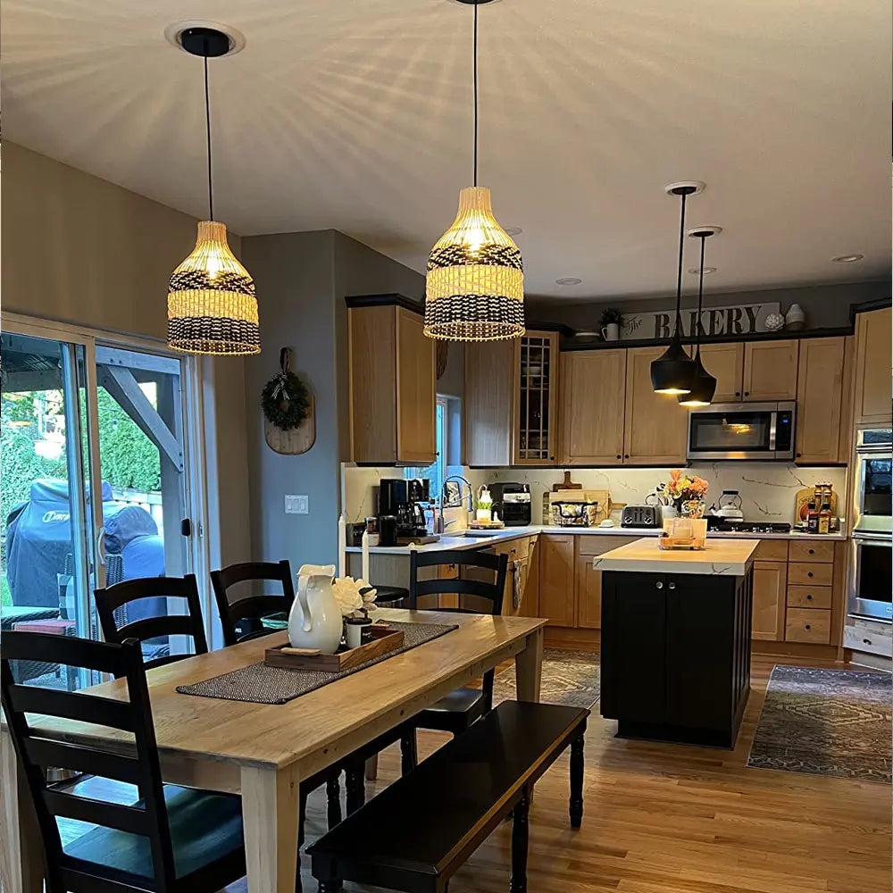 Black and Natural Rattan Pendant Light view 3