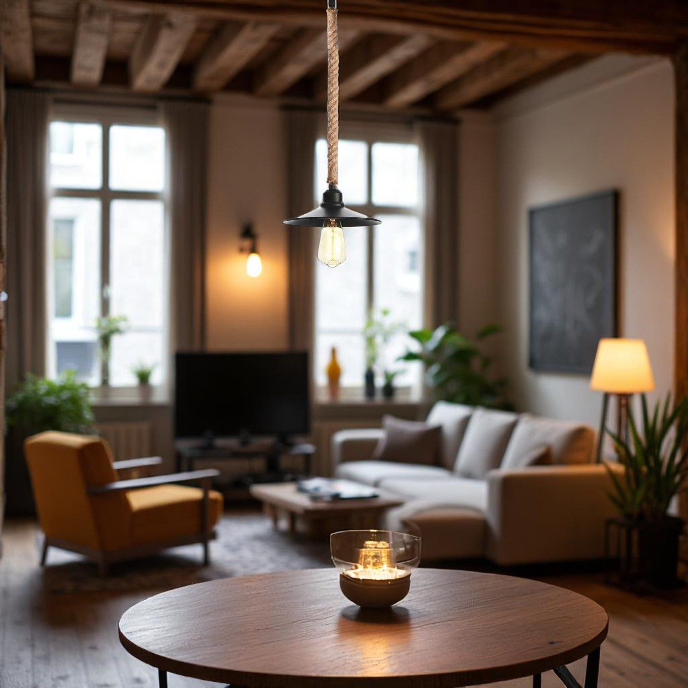 Black Industrial Pendant Light on Rope view 10