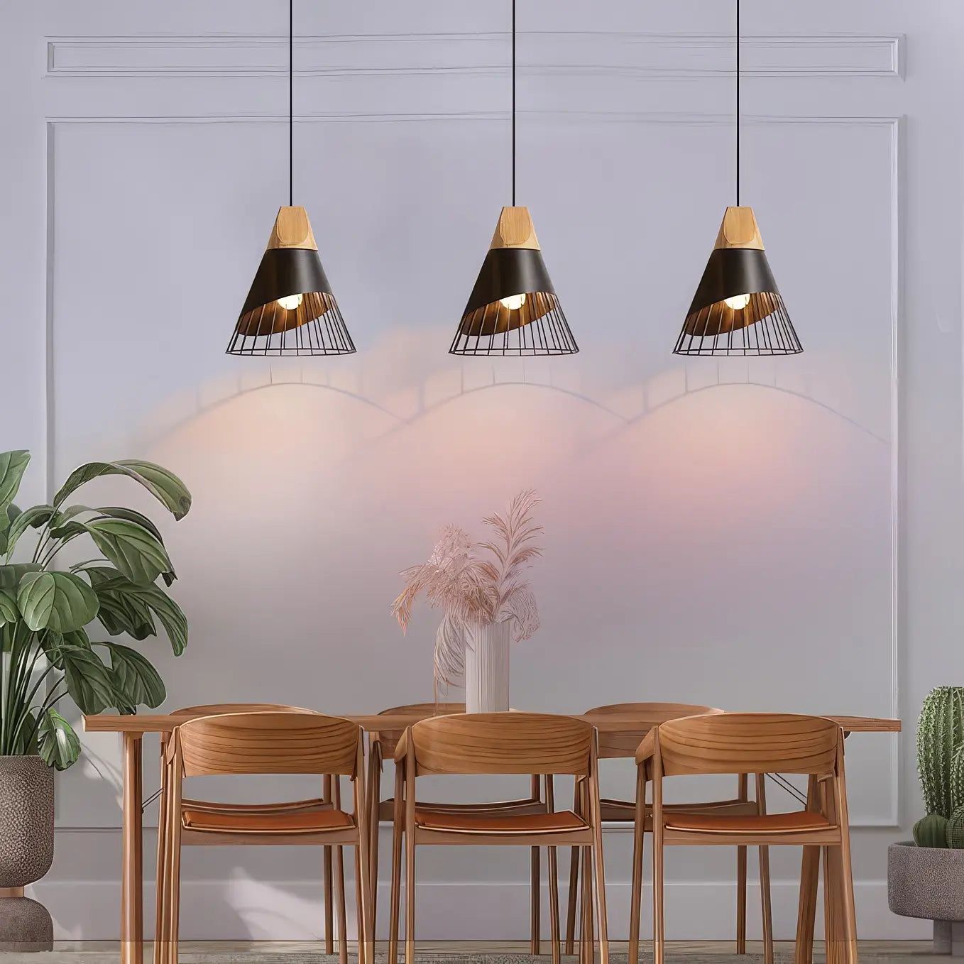 Cone Shaped Wire and Wood Pendant Light view 1