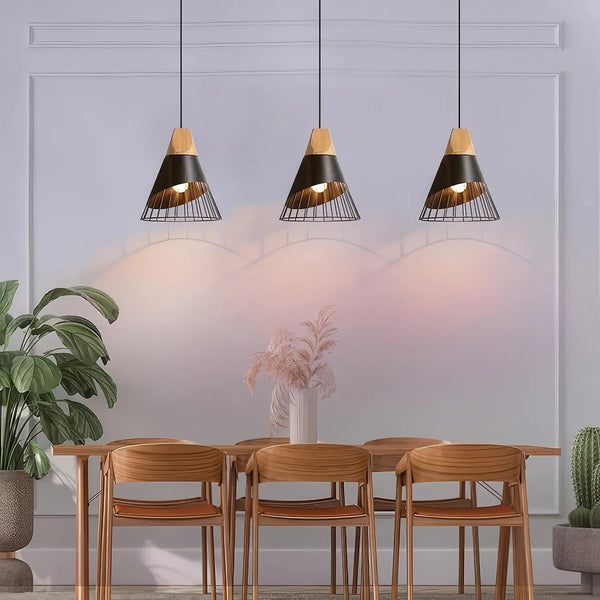 Cone Shaped Wire and Wood Pendant Light