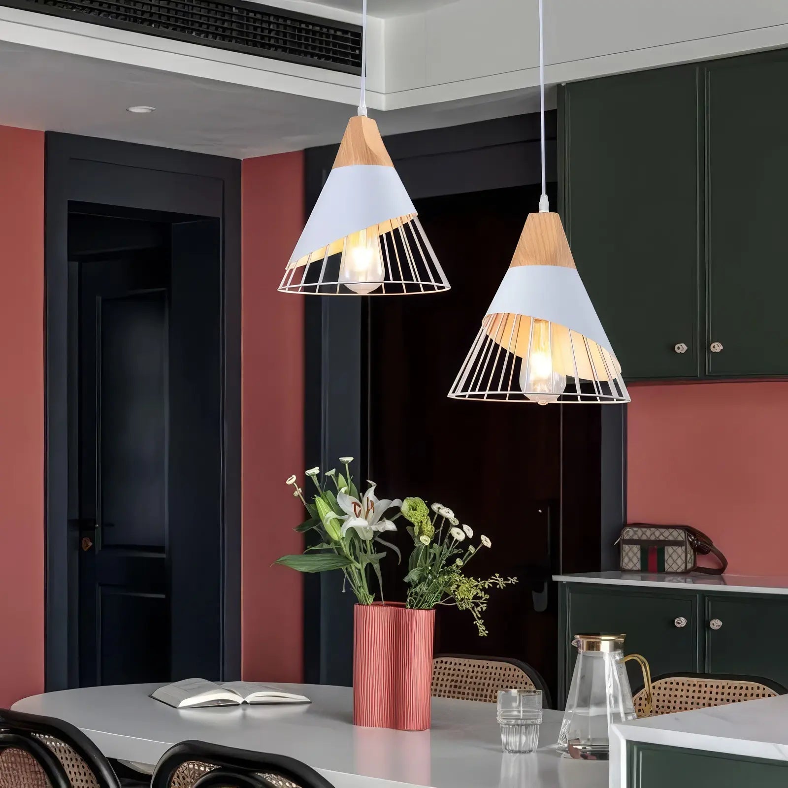 Cone Shaped Wire and Wood Pendant Light view 11