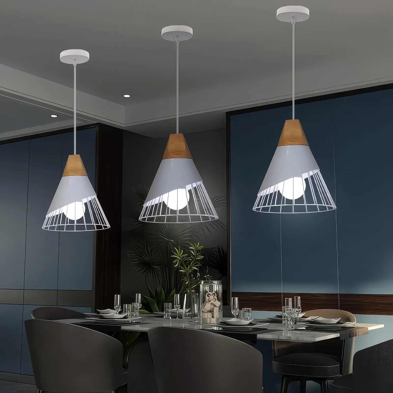 Cone Shaped Wire and Wood Pendant Light view 12