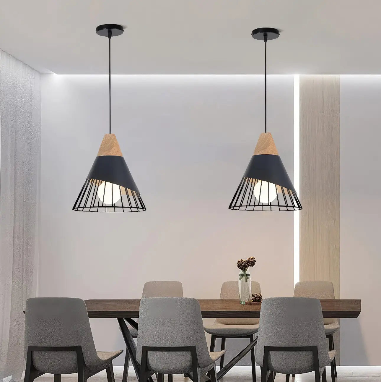 Cone Shaped Wire and Wood Pendant Light view 5