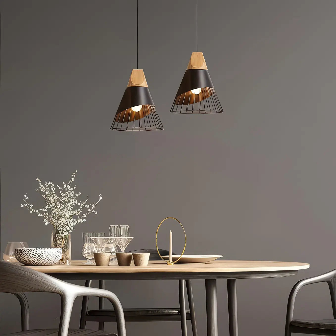 Cone Shaped Wire and Wood Pendant Light view 6