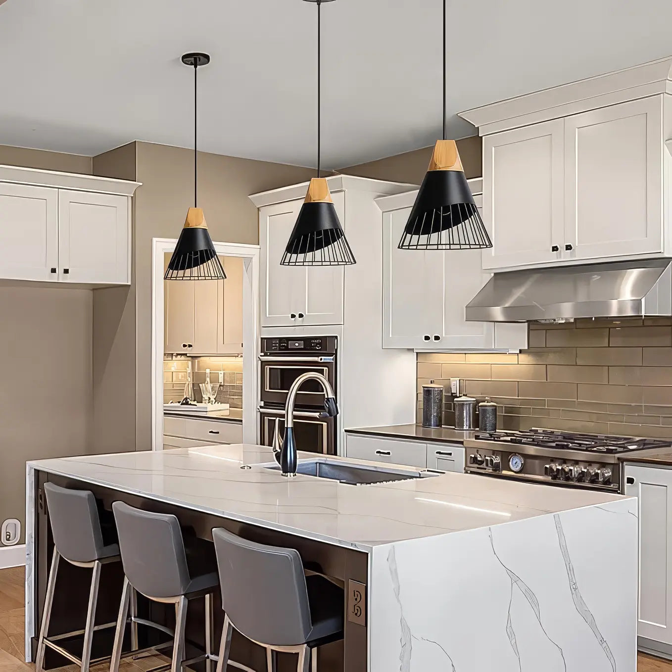 Cone Shaped Wire and Wood Pendant Light view 8