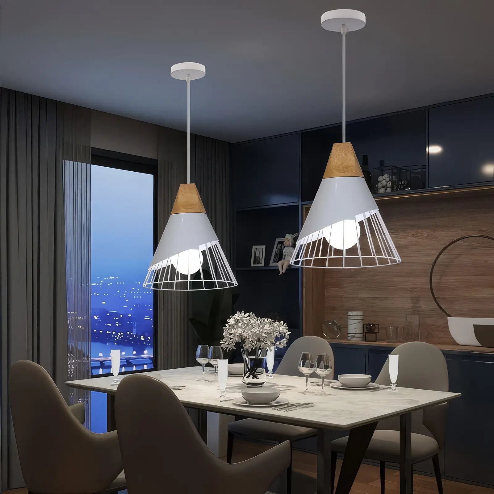 Cone Shaped Wire and Wood Pendant Light view 9