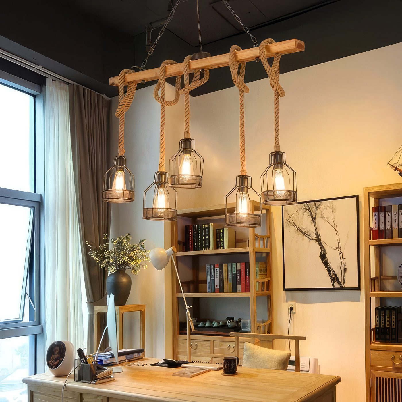 Rope and Wood 5-Light Pendant view 4