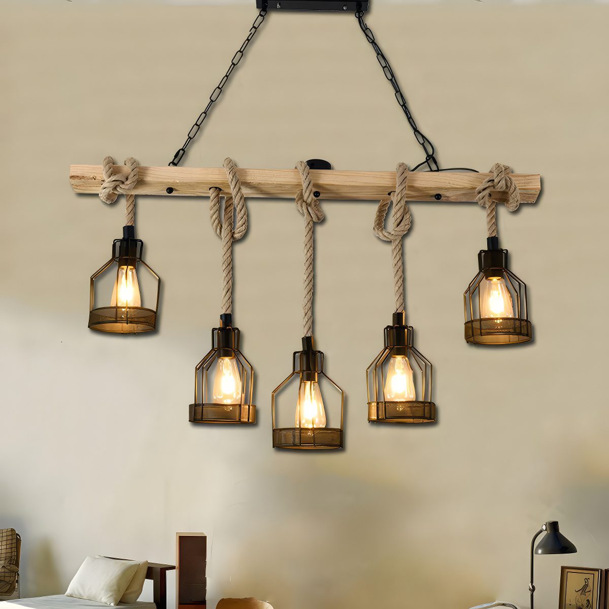 Rope and Wood 5-Light Pendant view 5