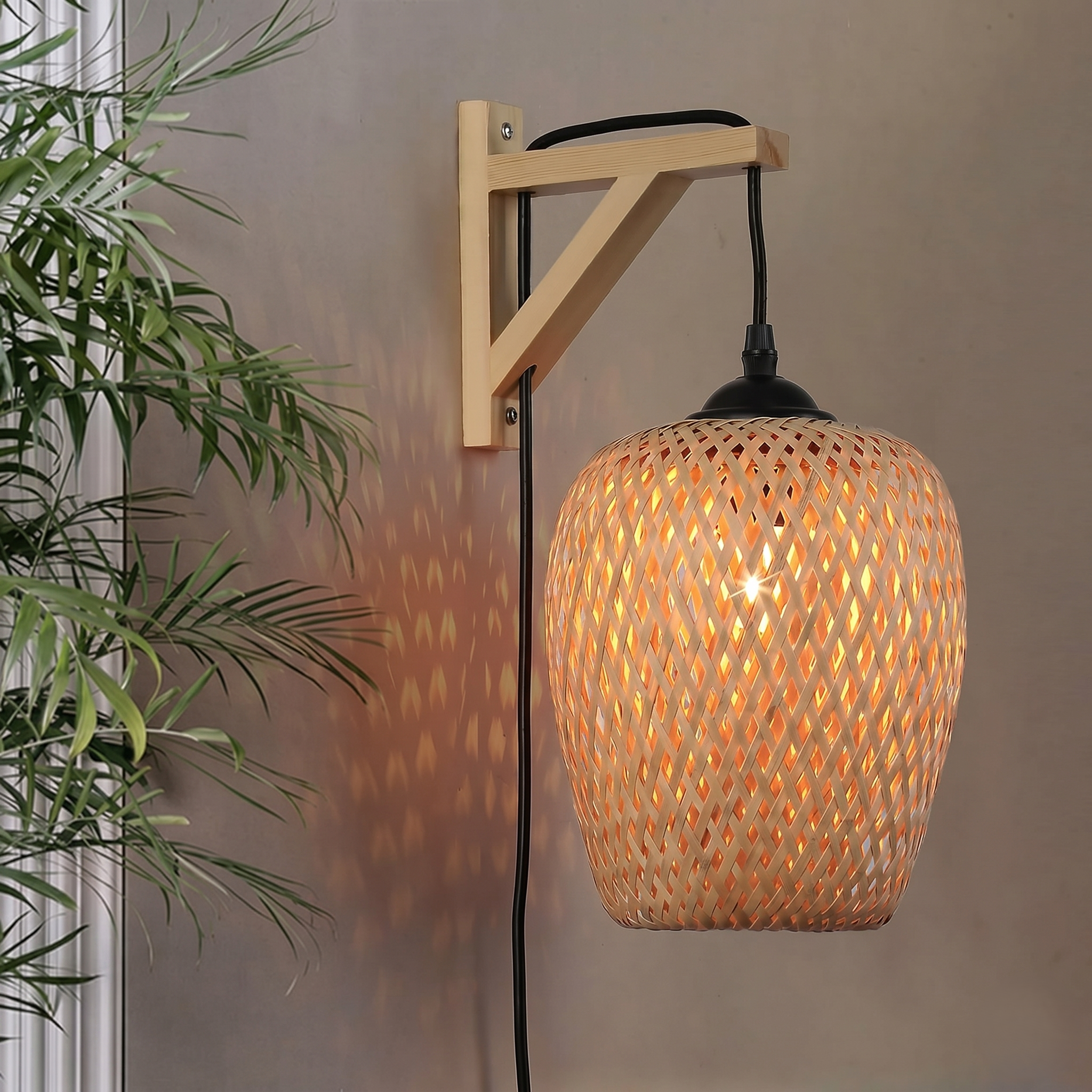 Woven Bamboo and Wood Wall Light view 1