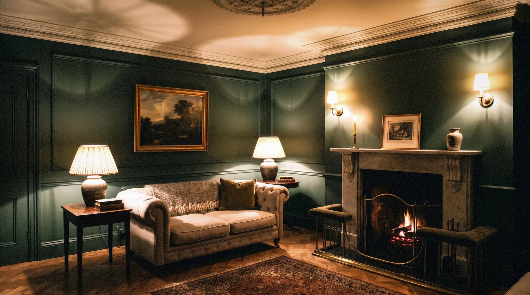 An evening period sitting room lit in layered pools of warm light