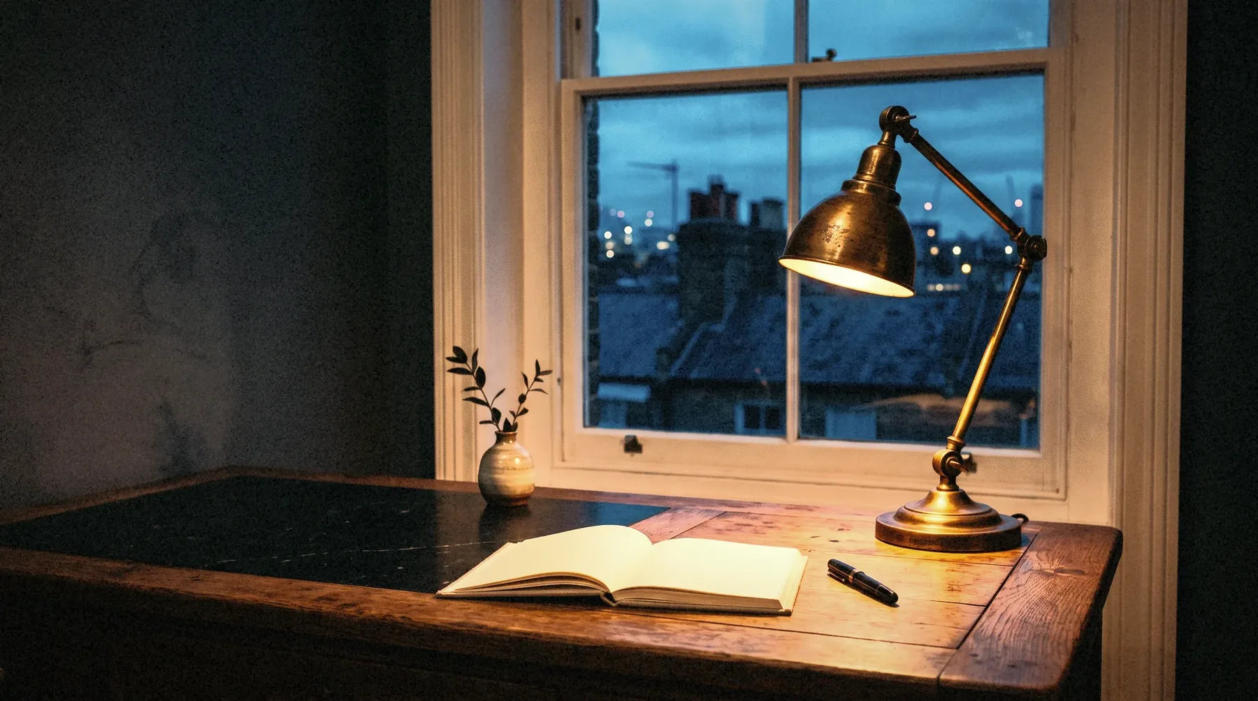 A warm-lit studio corner at dusk, brass desk lamp on